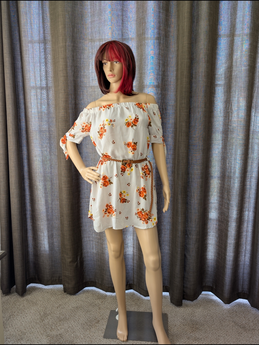 Haute Monde White Floral Off-Shoulder Mini Dress with Orange Blooms